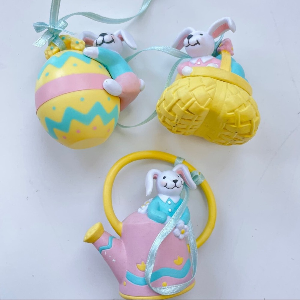 Vintage Easter Bunny Ornament Set 3 Yellow Pastels Spring Egg Watering Can Avon